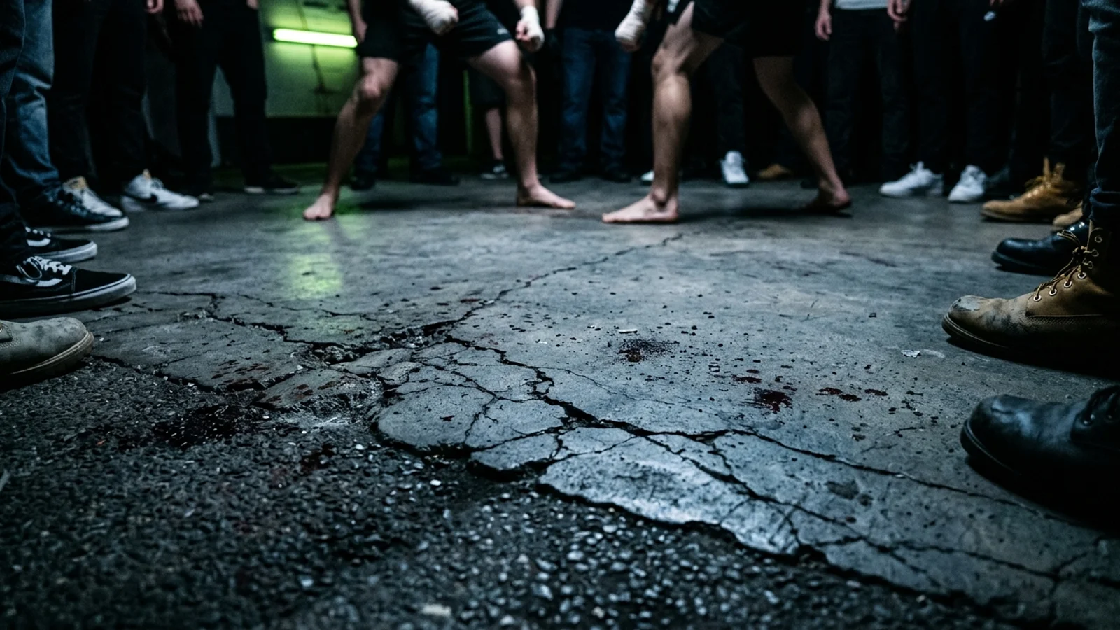 Cracked concrete floor marked with spots of dried blood, ringed by the feet of fighters and spectators