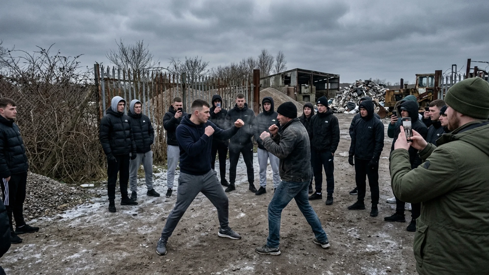 Two men square off bare-knuckle on frozen ground at the edge of an industrial yard while a small crowd in winter coats watches